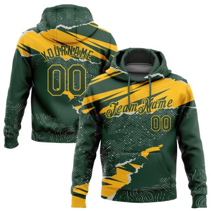 Custom Name and Number Sports Hoodie Personalized Green Gold 3D Torn Paper Style Pullover Sweatshirt Personalized Stitched
