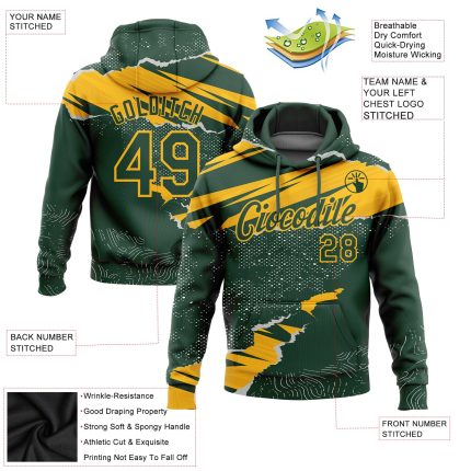 Custom Name and Number Sports Hoodie Personalized Green Gold 3D Torn Paper Style Pullover Sweatshirt Personalized Stitched