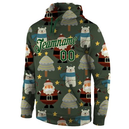 Custom 3D Sports Hoodie with Stitched Name and Number - Green-Cream Christmas Pullover Sweatshirt Personalized Stitched Green