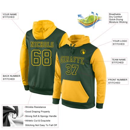 Personalized Green Gold Sports Hoodie Sweatshirt Pullover for Men and Women Personalized Stitched Green Green-Gold Sports