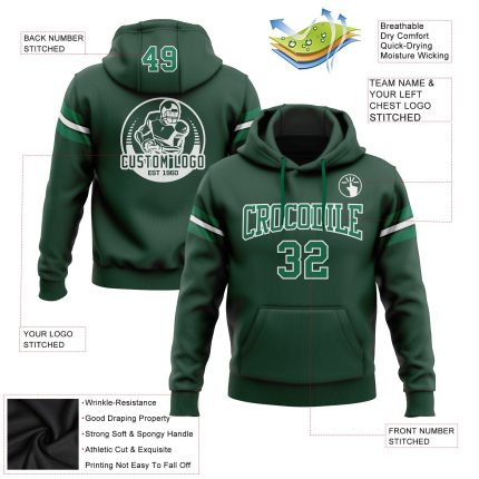 Custom Name Number Green Kelly White Football Hoodie Sweatshirt Pullover - Personalized Team Apparel Personalized Stitched