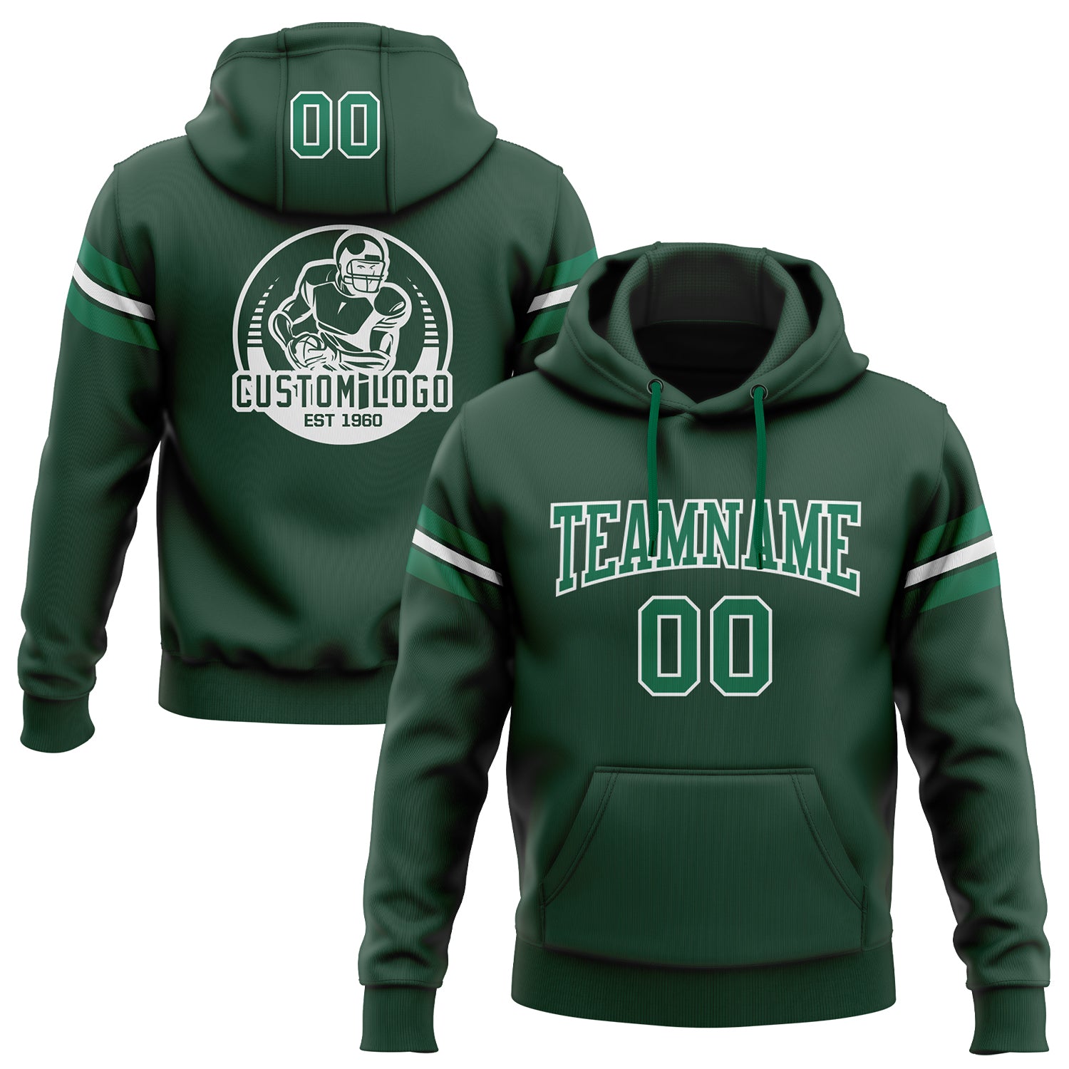 Custom Name Number Green Kelly White Football Hoodie Sweatshirt Pullover - Personalized Team Apparel Personalized Stitched