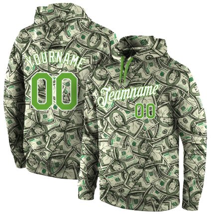 Custom Name and Number Dollar Sports Hoodie, Personalized Neon Green-White 3D Pattern Pullover Sweatshirt Personalized Stitched