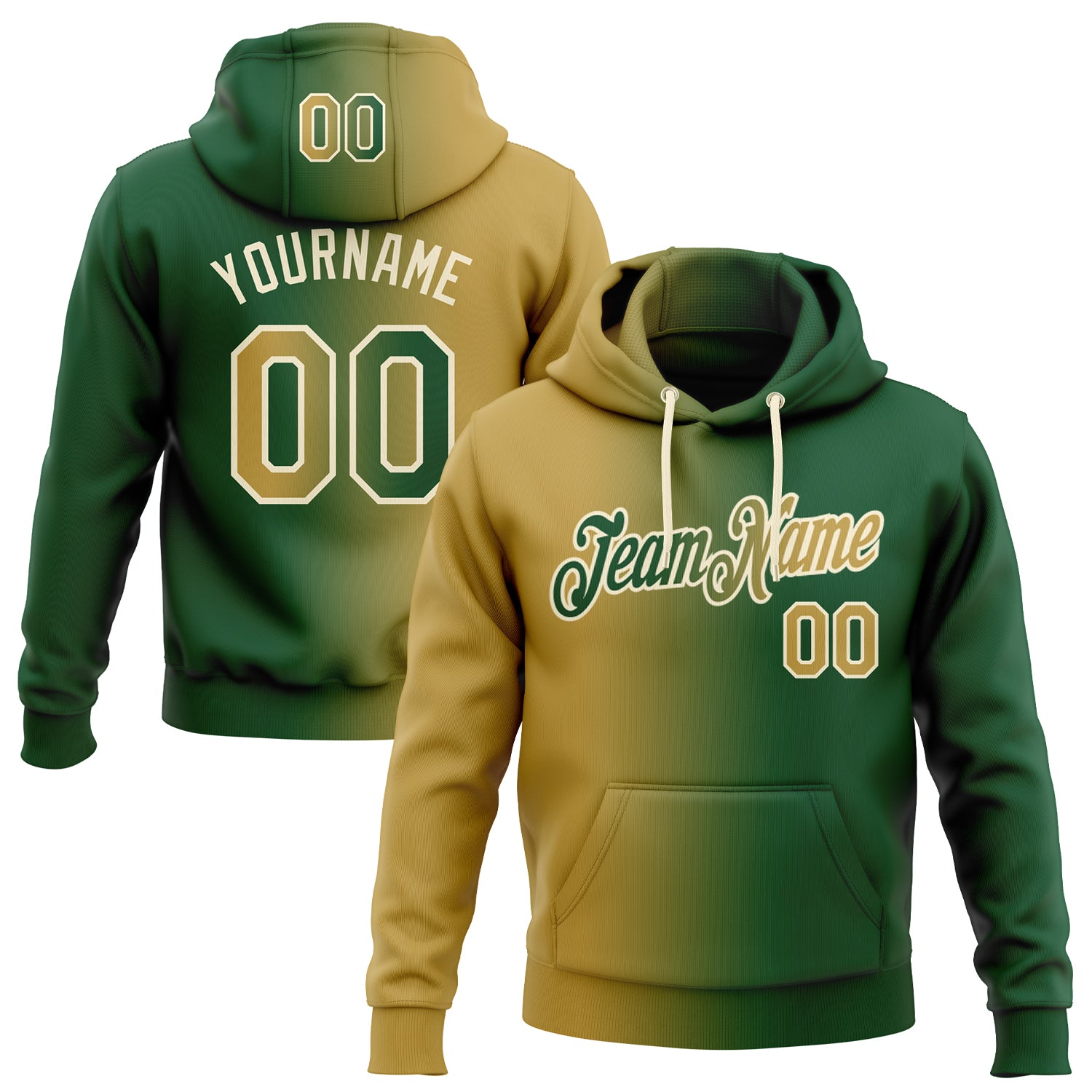 Custom Name and Number Sports Hoodie for Team - Personalized Green Old Gold-Cream Gradient Pullover Sweatshirt Personalized