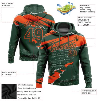 Custom Sports Hoodie with 3D Torn Paper Design - Personalized Stitched Green and Orange Sweatshirt with Name & Number Personalized