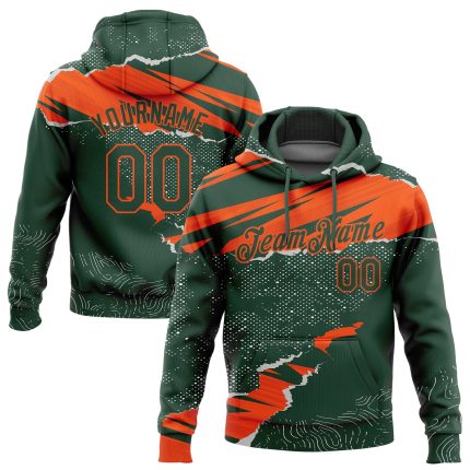 Custom Sports Hoodie with 3D Torn Paper Design - Personalized Stitched Green and Orange Sweatshirt with Name & Number Personalized
