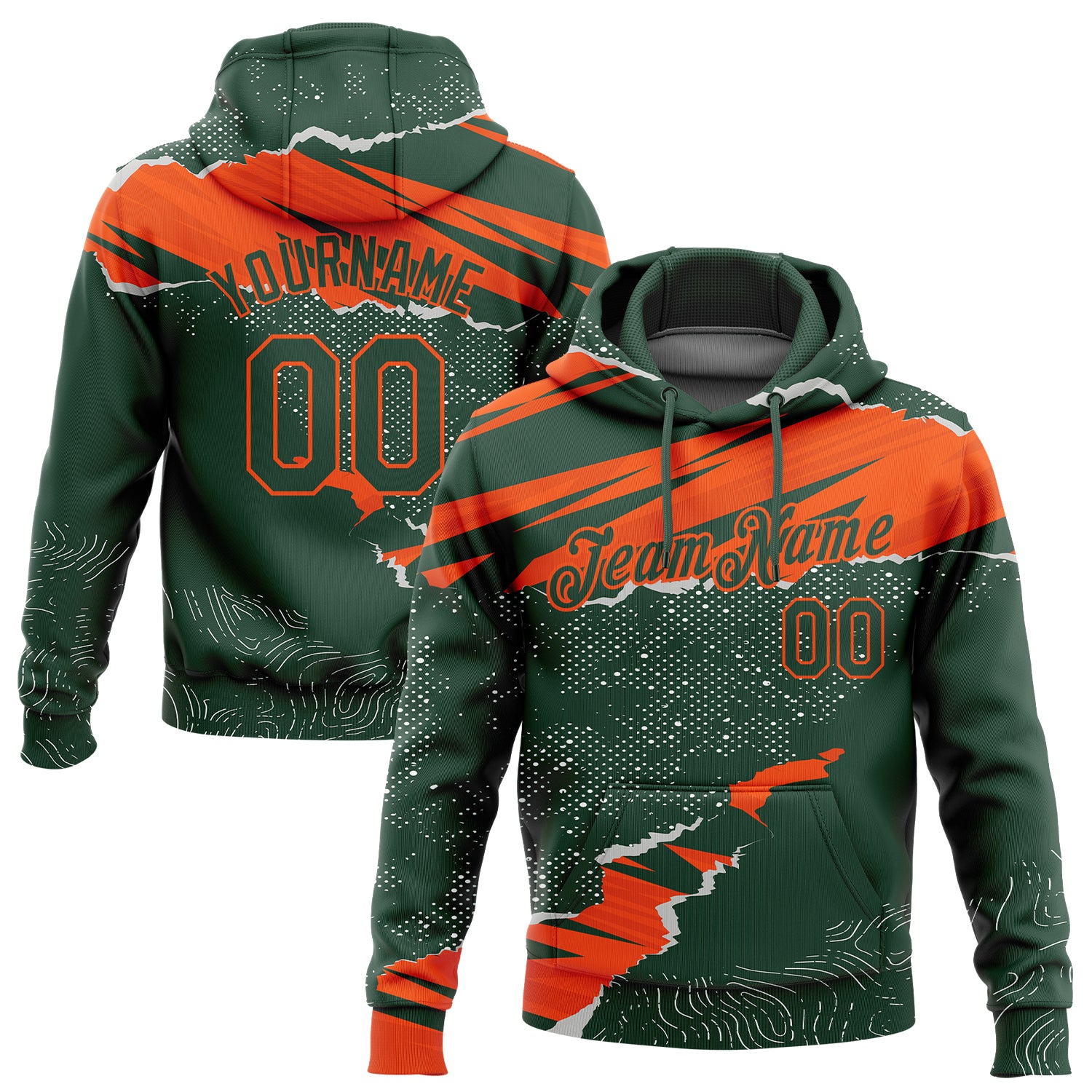 Custom Sports Hoodie with 3D Torn Paper Design - Personalized Stitched Green and Orange Sweatshirt with Name & Number Personalized