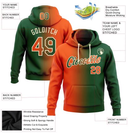 Custom Team Hoodie with Name and Number - Personalized Green Orange Cream Gradient Fashion Sports Pullover Sweatshirt Personalized