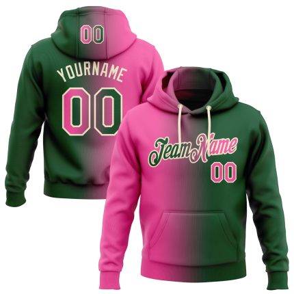 Custom Name and Number Sports Hoodie, Personalized Green Pink-Cream Gradient Pullover Sweatshirt Fashion Team Apparel Personalized