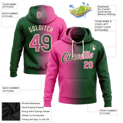 Custom Name and Number Sports Hoodie, Personalized Green Pink-Cream Gradient Pullover Sweatshirt Fashion Team Apparel Personalized