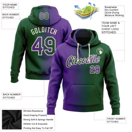 Custom Name and Number Sports Hoodie Sweatshirt in Green Purple-Cream Gradient - Personalized Stitched Fashion Pullover Personalized
