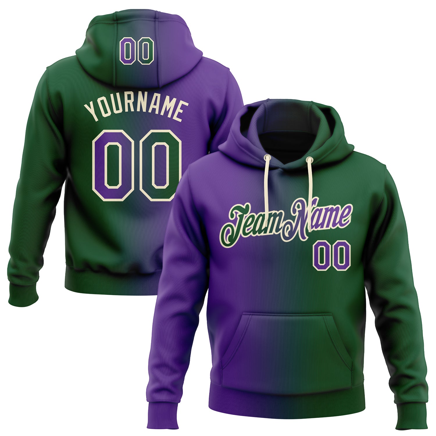 Custom Name and Number Sports Hoodie Sweatshirt in Green Purple-Cream Gradient - Personalized Stitched Fashion Pullover Personalized