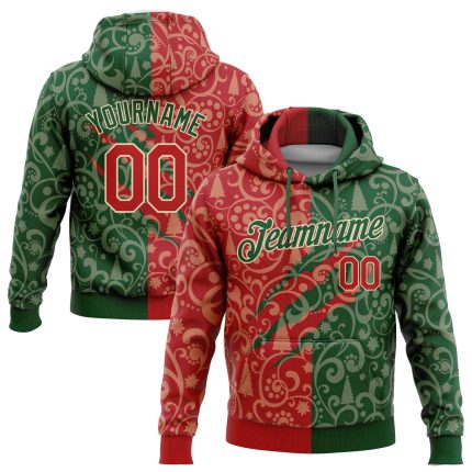 Custom Name and Number 3D Christmas Sports Hoodie Sweatshirt, Stitched Green Red-Cream Pullover Personalized Stitched Green
