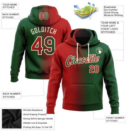 Custom Name and Number Sports Hoodie Pullover Sweatshirt in Green Red-Cream Gradient Fashion Design Personalized Stitched