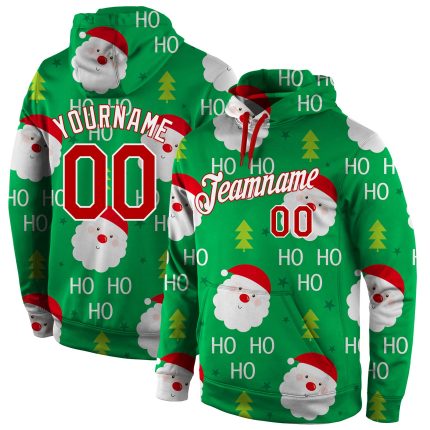 Personalized 3D Christmas Sports Hoodie Stitched in Green Red-White Pullover Sweatshirt Personalized Stitched Green Red-White