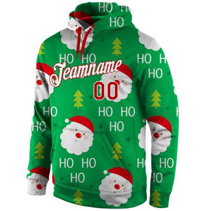Personalized 3D Christmas Sports Hoodie Stitched in Green Red-White Pullover Sweatshirt Personalized Stitched Green Red-White