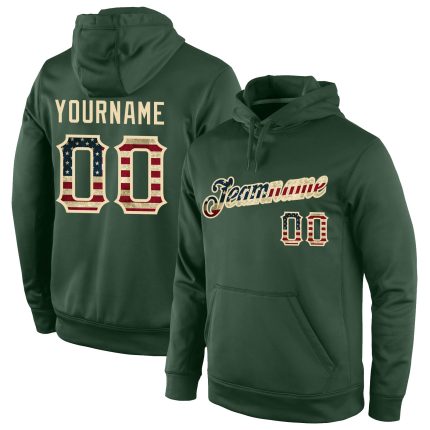 Custom Vintage USA Flag Sweatshirt Hoodie with Stitched Name and Number - Green Cream Pullover for Sports Team Personalized