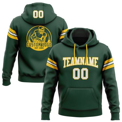 Custom Personalized Green White Gold Football Hoodie Sweatshirt with Name and Number - Stitched Team Apparel Personalized