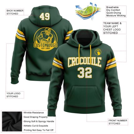Custom Personalized Green White Gold Football Hoodie Sweatshirt with Name and Number - Stitched Team Apparel Personalized