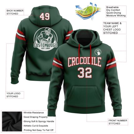 Custom Football Hoodie with Personalized Name and Number - Stitched Green White-Red Pullover Sweatshirt Personalized Stitched