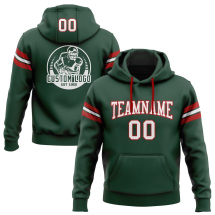 Custom Football Hoodie with Personalized Name and Number - Stitched Green White-Red Pullover Sweatshirt Personalized Stitched