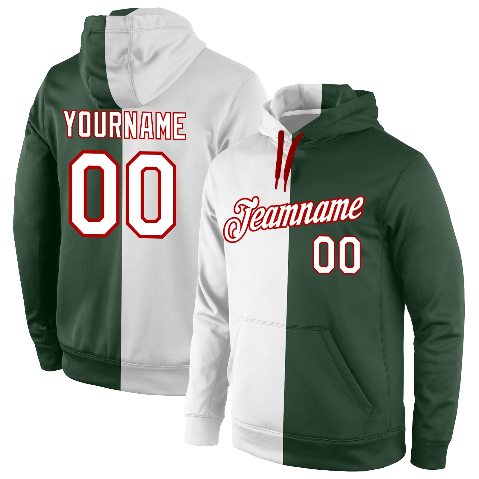 Custom Sports Hoodie with Name & Number - Personalized Green White-Red Split Pullover Sweatshirt Personalized Stitched Green