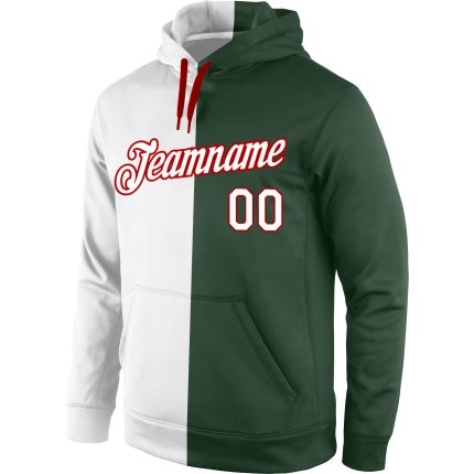 Custom Sports Hoodie with Name & Number - Personalized Green White-Red Split Pullover Sweatshirt Personalized Stitched Green