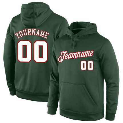 Custom Sports Hoodie with Personalized Name and Number - Green White-Red Stitched Pullover Sweatshirt Personalized Stitched