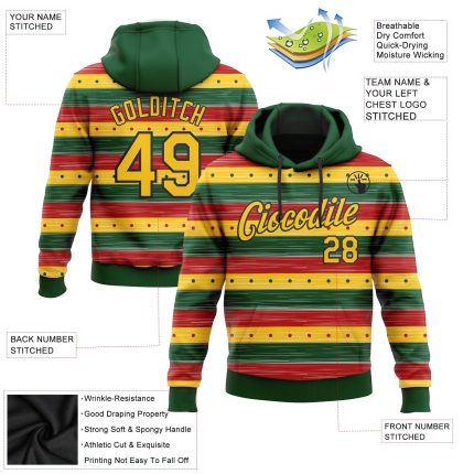 Custom Black History Month Pullover Hoodie with Personalized Name & Number, 3D Green Yellow-Black Pattern Sports Sweatshirt