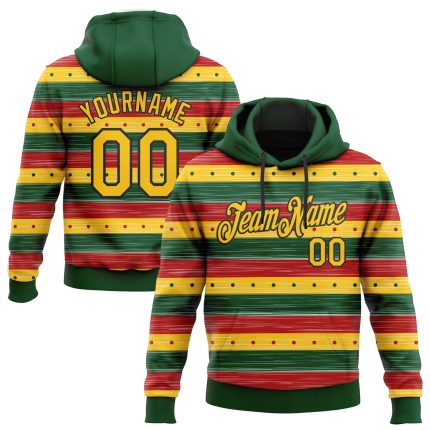 Custom Black History Month Pullover Hoodie with Personalized Name & Number, 3D Green Yellow-Black Pattern Sports Sweatshirt