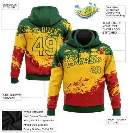 Custom Black History Month Hoodie with 3D Pattern, Personalized Name & Number, Green Yellow-Red Pullover Sweatshirt Personalized