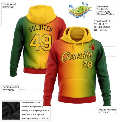 Custom Name Number Gradient 3D Pattern Sports Pullover Hoodie Black History Month Stitched Green Yellow Red-Black Design