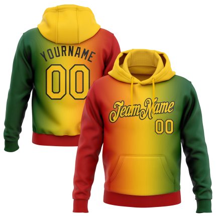 Custom Name Number Gradient 3D Pattern Sports Pullover Hoodie Black History Month Stitched Green Yellow Red-Black Design