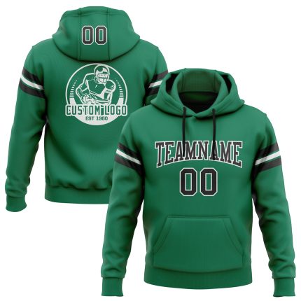 Custom Team Hoodie with Name and Number - Kelly Green Stitched Football Pullover Sweatshirt in Black and White Personalized