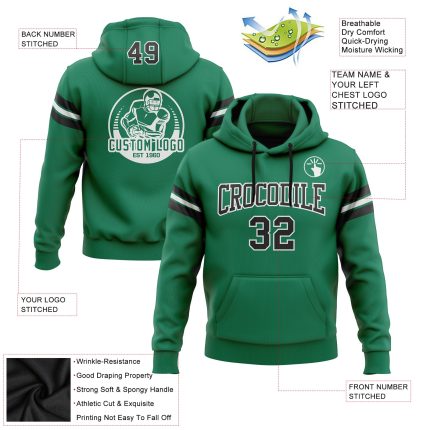 Custom Team Hoodie with Name and Number - Kelly Green Stitched Football Pullover Sweatshirt in Black and White Personalized