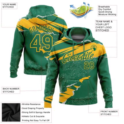 Custom Name & Number Sports Hoodie | Personalized 3D Pattern Torn Paper Pullover Sweatshirt in Kelly Green Gold Personalized