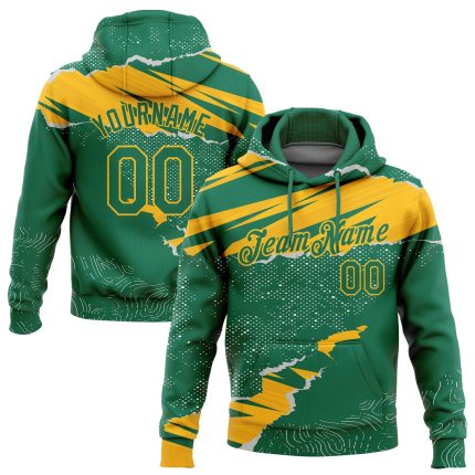 Custom Name & Number Sports Hoodie | Personalized 3D Pattern Torn Paper Pullover Sweatshirt in Kelly Green Gold Personalized