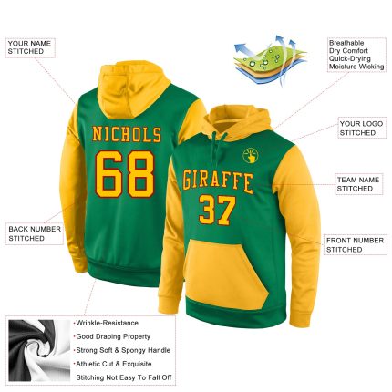 Custom Kelly Green Sports Hoodie with Gold-Red Accents, Personalized Name & Number, Pullover Sweatshirt Personalized Stitched