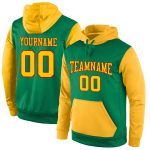 Custom Kelly Green Sports Hoodie with Gold-Red Accents, Personalized Name & Number, Pullover Sweatshirt Personalized Stitched