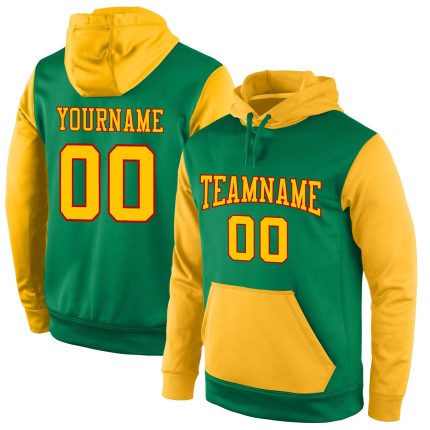 Custom Kelly Green Sports Hoodie with Gold-Red Accents, Personalized Name & Number, Pullover Sweatshirt Personalized Stitched
