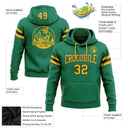 Custom Football Hoodie Stitched Personalized Name Number - Kelly Green Gold White Pullover Sweatshirt Personalized Stitched
