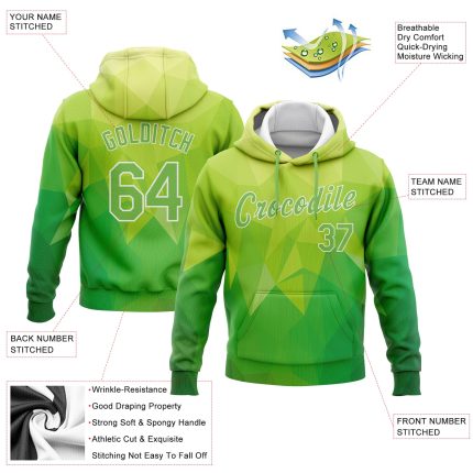 Custom 3D Pattern Sports Hoodie for Team - Personalized Warm Geometric Sweatshirt with Name & Number in Kelly Green Neon Green-White
