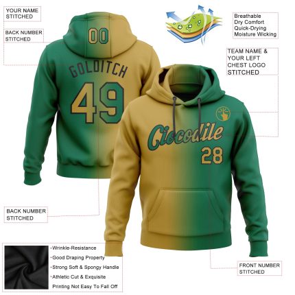 Custom Team Name Number Hoodie - Stitched Kelly Green Old Gold-Black Gradient Fashion Sports Pullover Sweatshirt Personalized