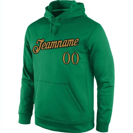 Custom Team Name Number Hoodie, Personalized Stitched Sports Pullover Sweatshirt in Kelly Green and Old Gold-Black Personalized