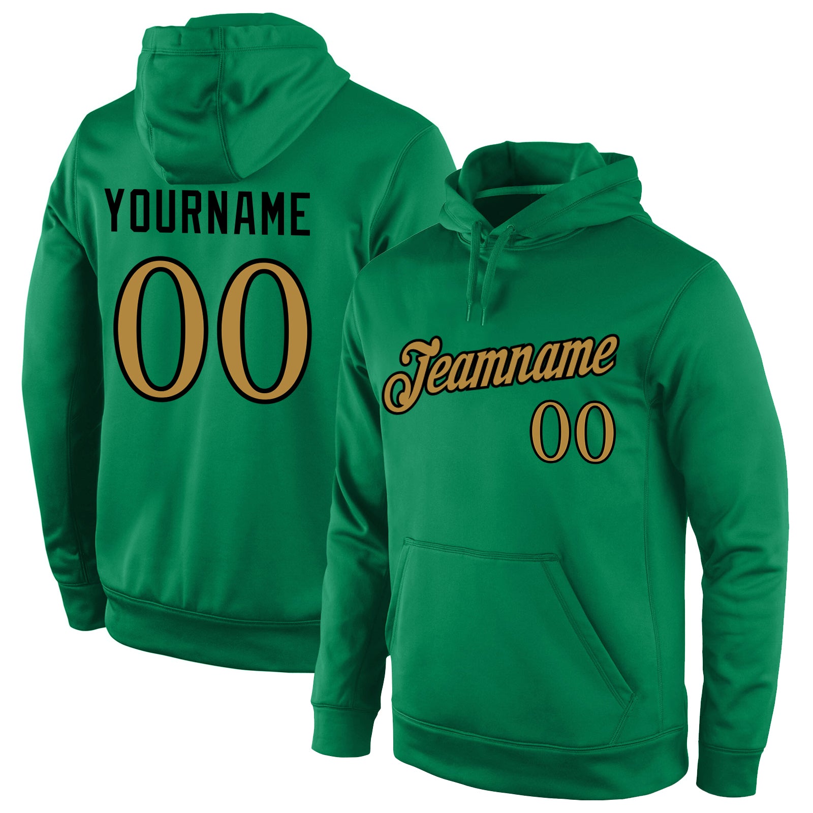 Custom Team Name Number Hoodie, Personalized Stitched Sports Pullover Sweatshirt in Kelly Green and Old Gold-Black Personalized
