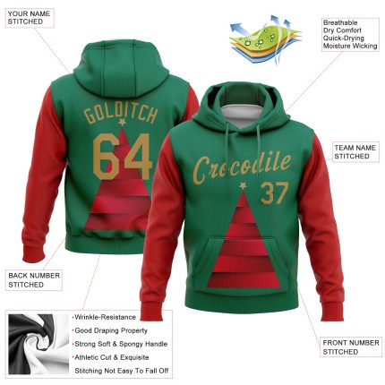 Customized 3D Sports Pullover Hoodie with Name & Number - Kelly Green, Old Gold-Red Christmas Tree Design Personalized Stitched