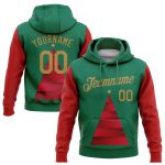 Customized 3D Sports Pullover Hoodie with Name & Number - Kelly Green, Old Gold-Red Christmas Tree Design Personalized Stitched