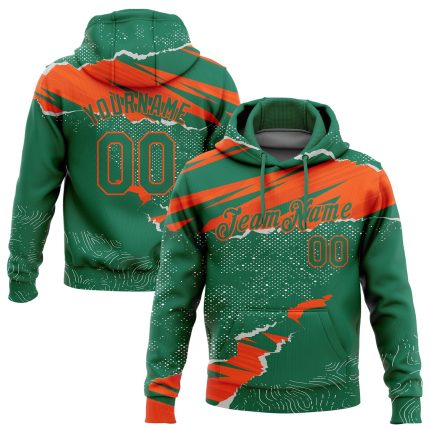 Custom Name and Number 3D Pattern Hoodie Stitched Torn Paper Style for Sports - Kelly Green and Orange Sweatshirt Personalized