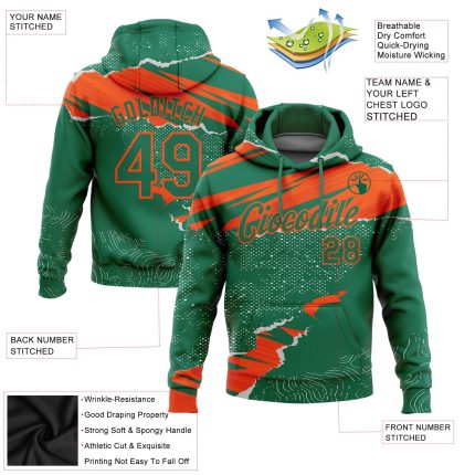 Custom Name and Number 3D Pattern Hoodie Stitched Torn Paper Style for Sports - Kelly Green and Orange Sweatshirt Personalized