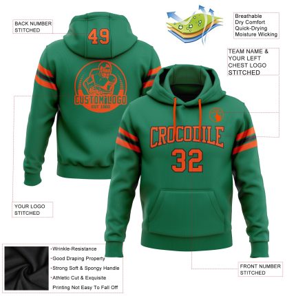 Custom Football Hoodie Sweatshirt with Stitched Team Name and Number - Kelly Green, Orange, and Black Personalized Stitched